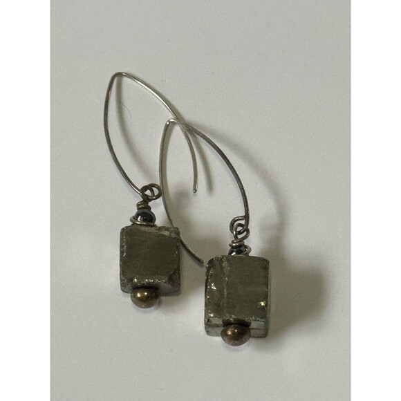 Earrings Pyrite Cube Raw Stone Wire Threader Grunge Natural Organic - Picture 2 of 9